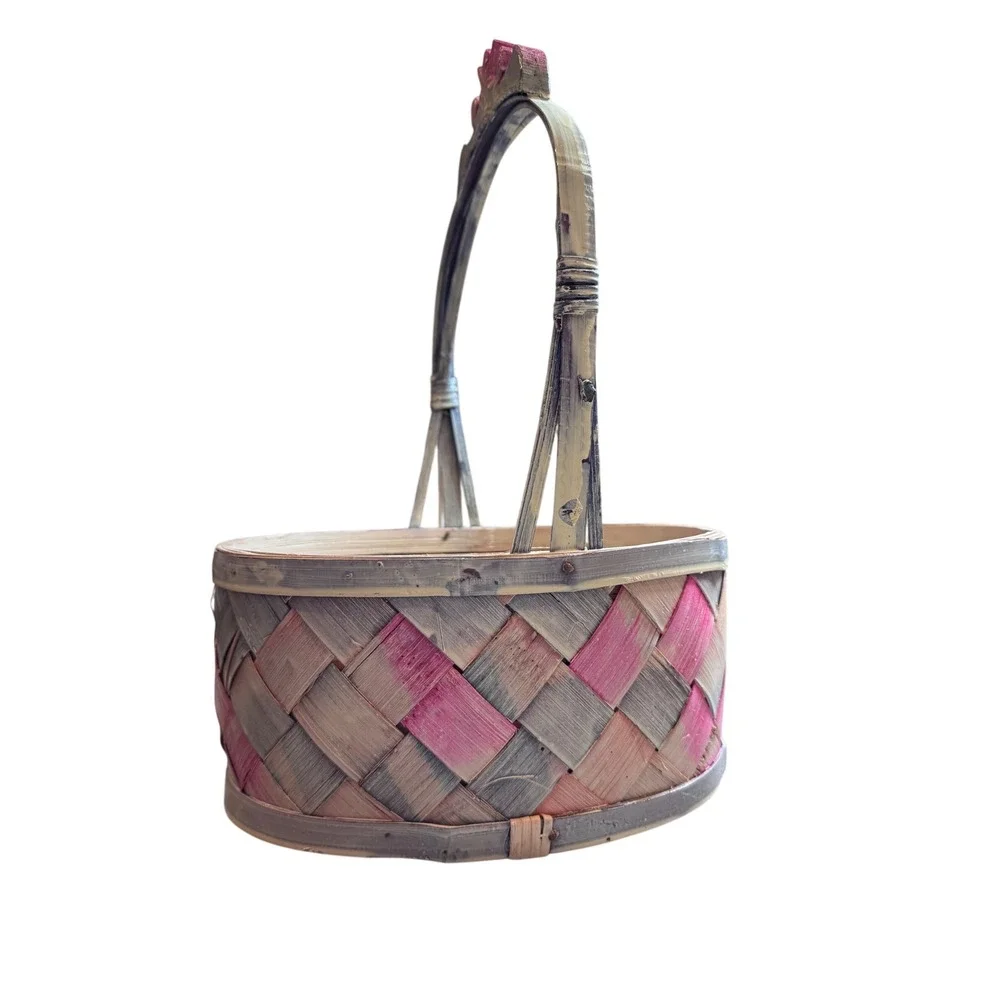 Woven Bamboo Basket Pink Natural Wood